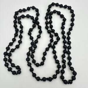 Antique Victorian 1800s black faceted vulcanite beaded 58” mourning necklace